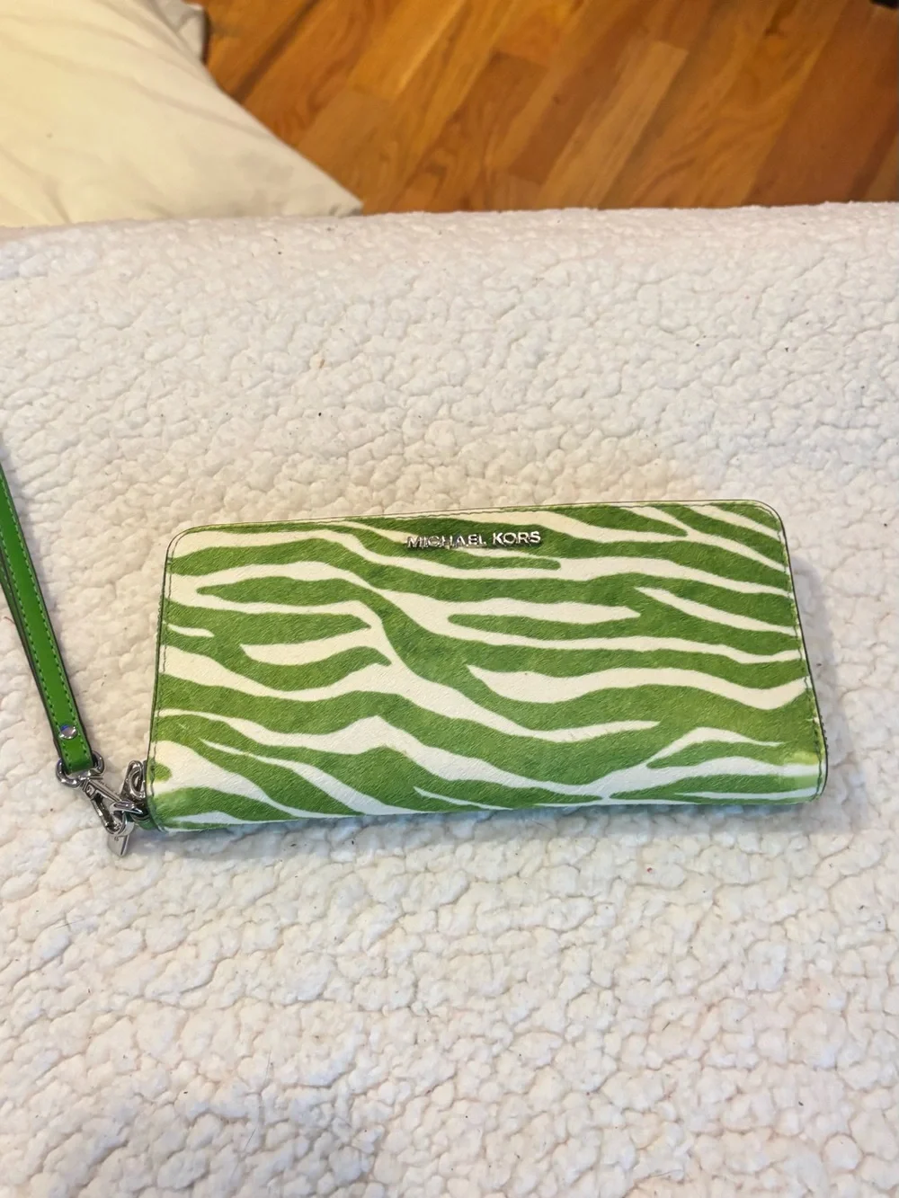 Michael Kors Lime Green and White Zebra Print Wristlet